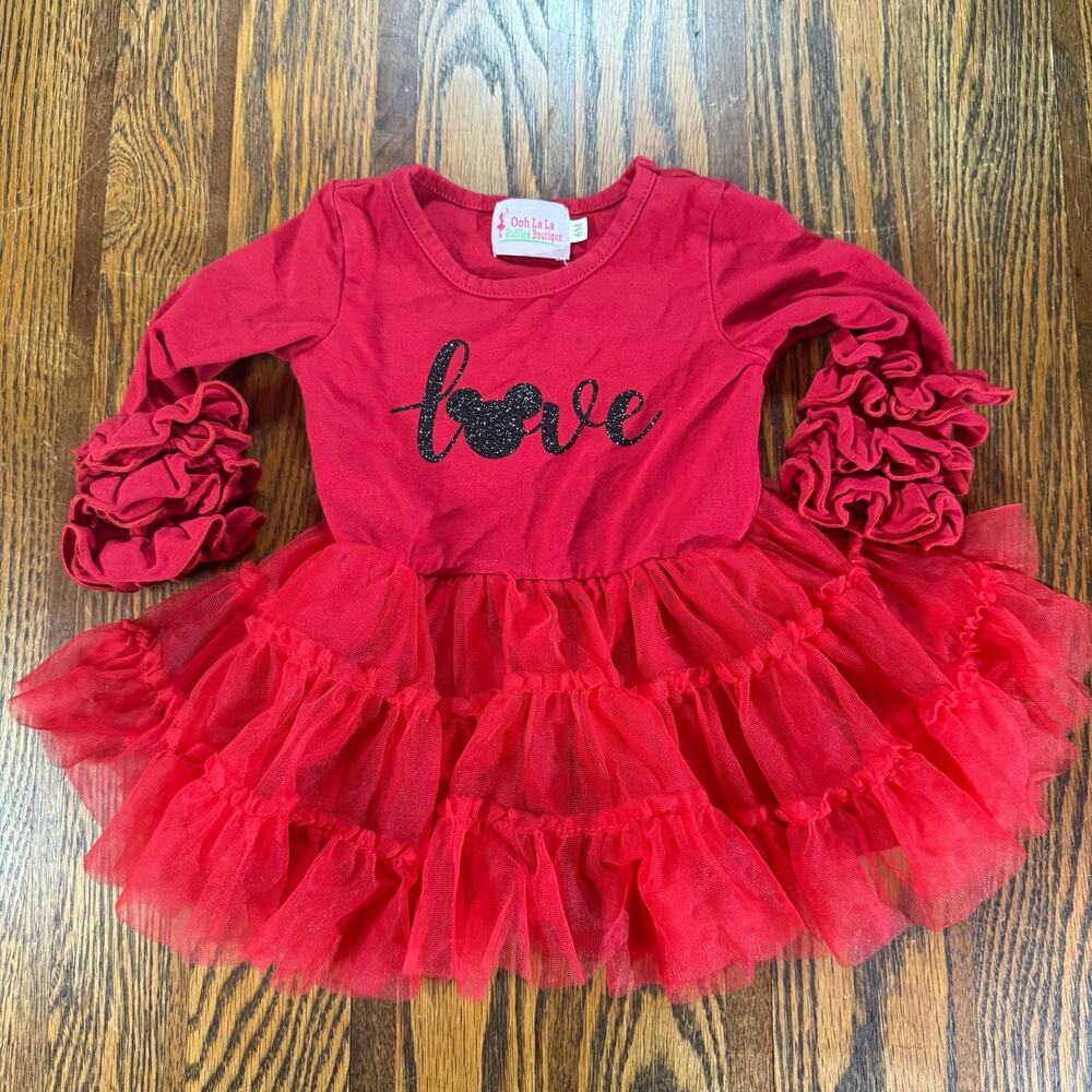 Ooh La La Ruffle Boutique Baby Red Love Mickey Mouse Tutu Dress 6M Long Sleeve
